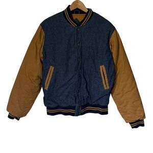 Vintage 90s Y2K Outlooks Varsity Jacket Blue Tan 100% Cotton Mens Extra Large XL